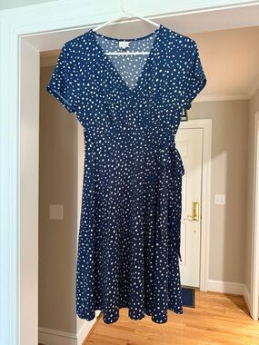 Navy Polka Dot Wrap Midi Dress with Tie Waist